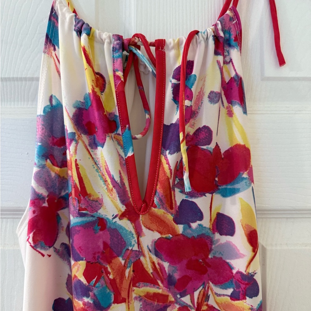Multicolor Abstract Print Dress with Red Straps